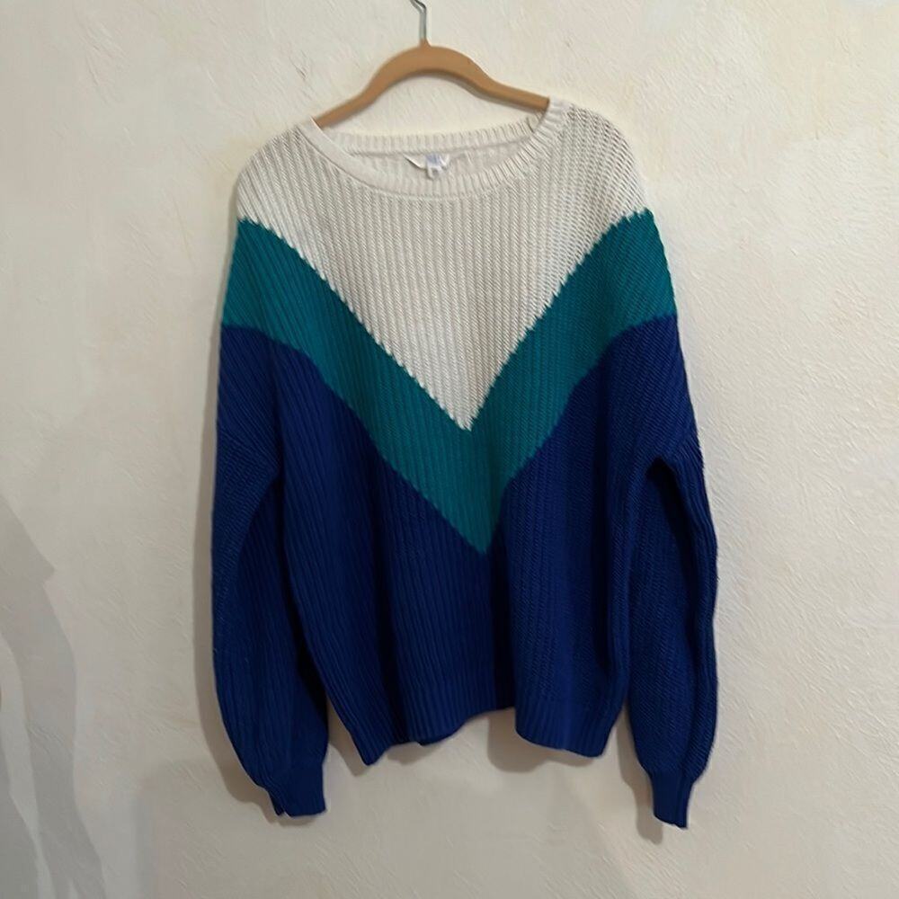 Time and Tru Cream Royal Blue Emerald Green Lagen Long Sleeve Knit Sweater XXL